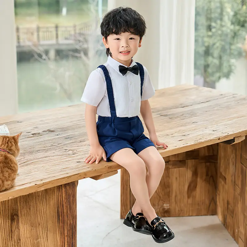 Children's Navy Blue Suspenders Suit with Bow Tie - Image 11