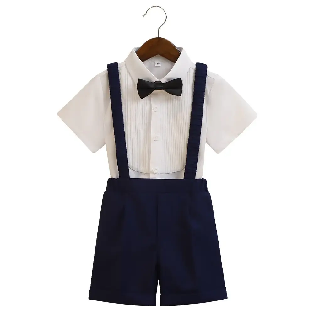 Children's Navy Blue Suspenders Suit with Bow Tie - Image 13