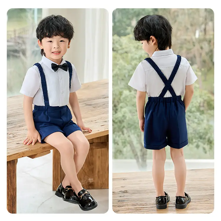 Children's Navy Blue Suspenders Suit with Bow Tie — feature 10