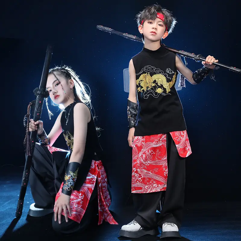 Chinese Style Black Vest Hip-Hop Kids Performance Outfit - Image 7