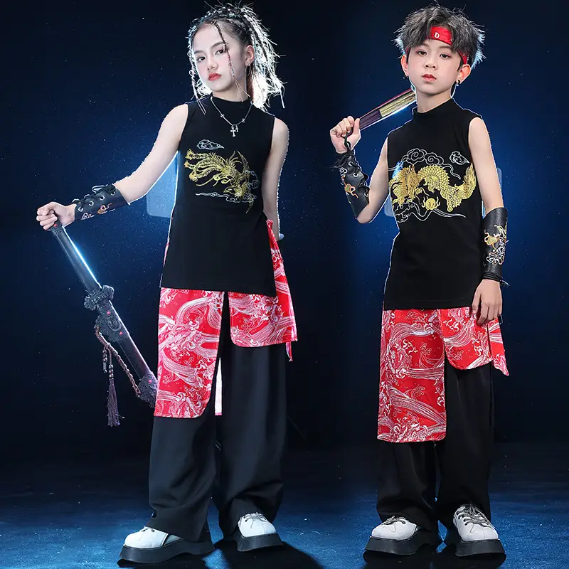 Chinese Style Black Vest Hip-Hop Kids Performance Outfit - Image 8