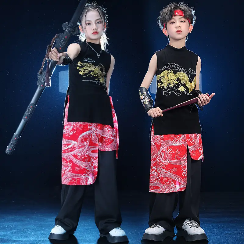 Chinese Style Black Vest Hip-Hop Kids Performance Outfit - Image 9