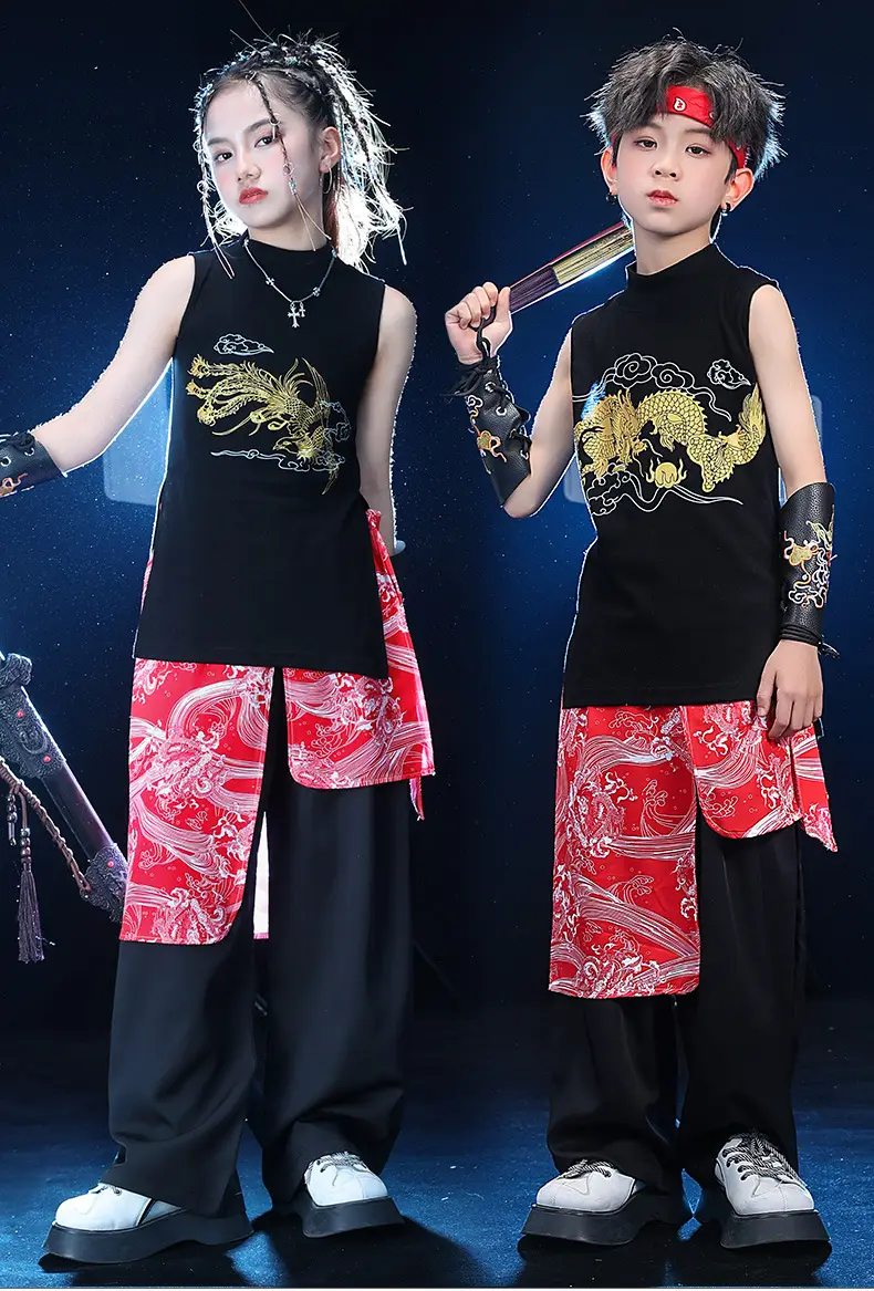 Chinese Style Black Vest Hip-Hop Kids Performance Outfit — feature 1