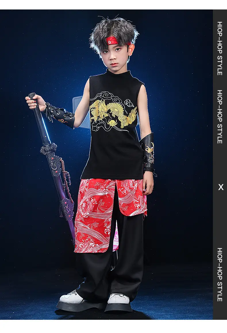 Chinese Style Black Vest Hip-Hop Kids Performance Outfit — feature 10