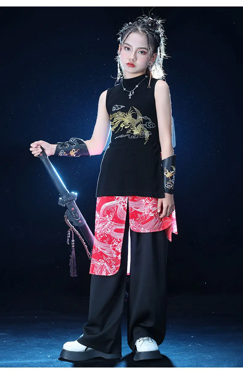Chinese Style Black Vest Hip-Hop Kids Performance Outfit — feature 11