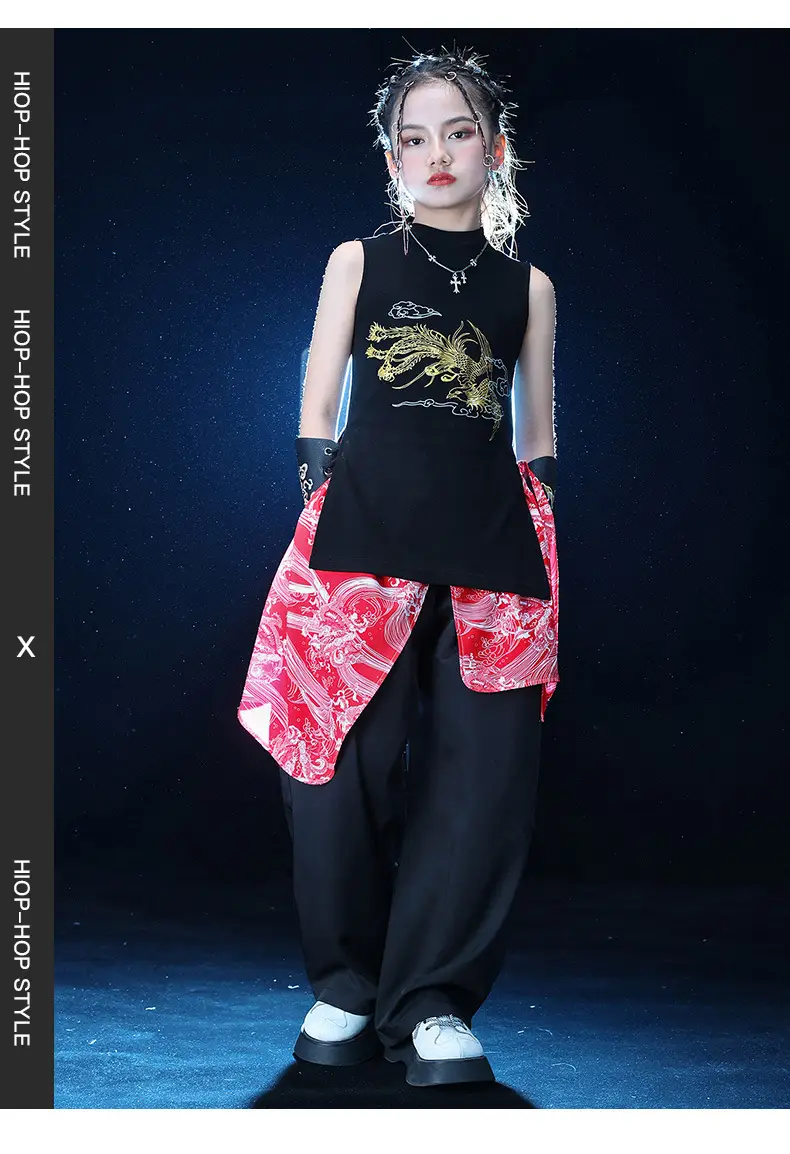 Chinese Style Black Vest Hip-Hop Kids Performance Outfit — feature 12
