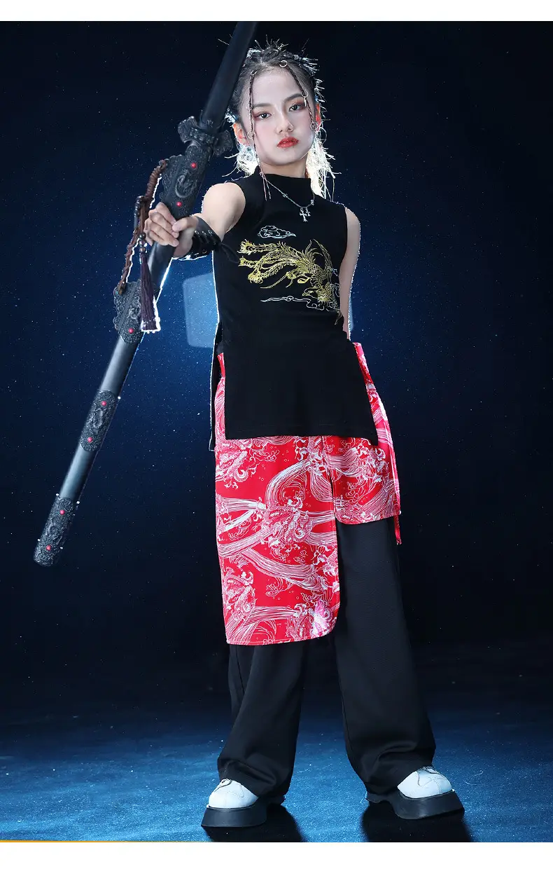 Chinese Style Black Vest Hip-Hop Kids Performance Outfit — feature 13