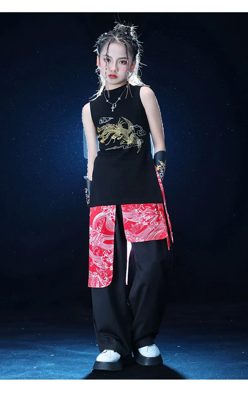 Chinese Style Black Vest Hip-Hop Kids Performance Outfit — feature 14