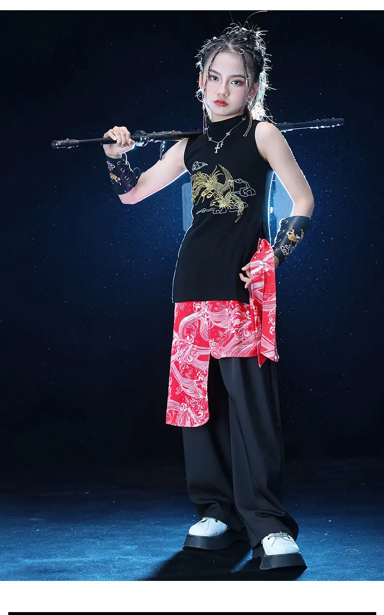 Chinese Style Black Vest Hip-Hop Kids Performance Outfit — feature 15