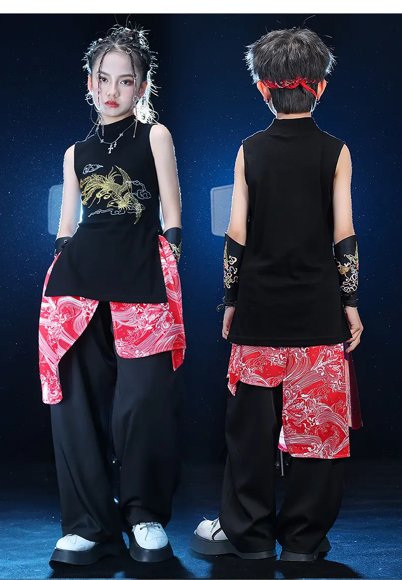 Chinese Style Black Vest Hip-Hop Kids Performance Outfit — feature 2