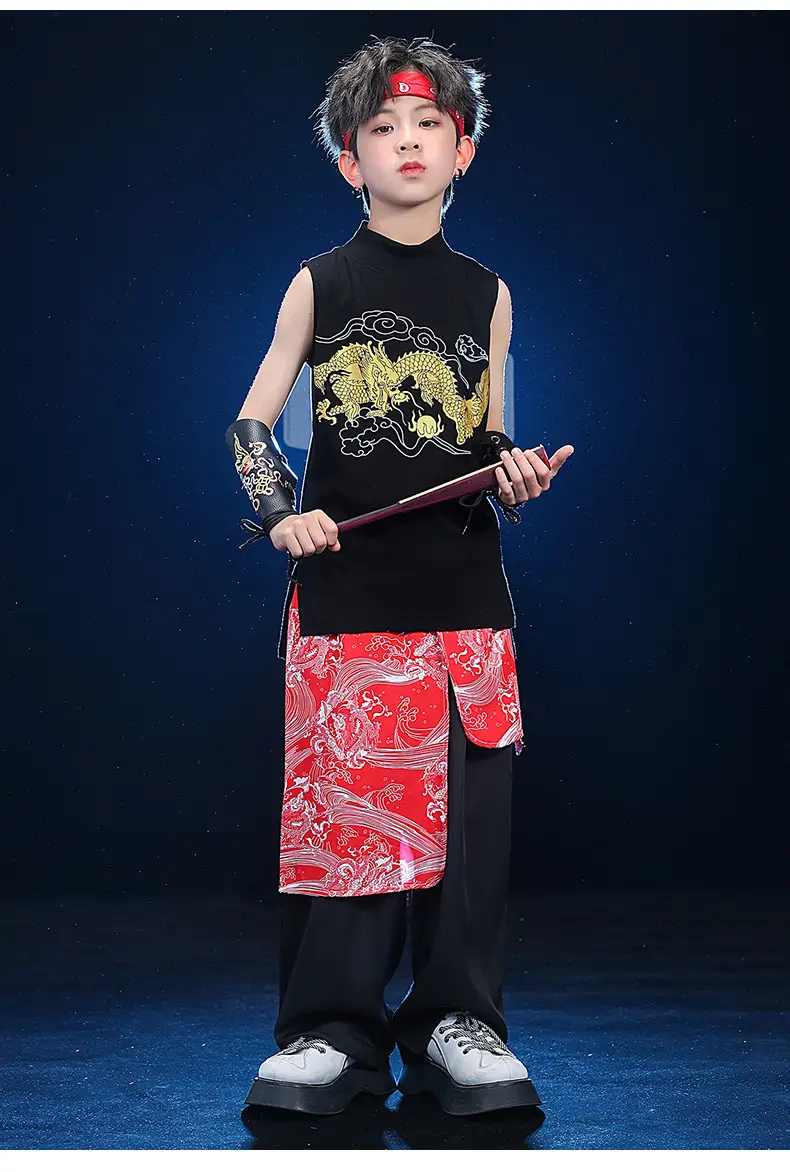 Chinese Style Black Vest Hip-Hop Kids Performance Outfit — feature 7