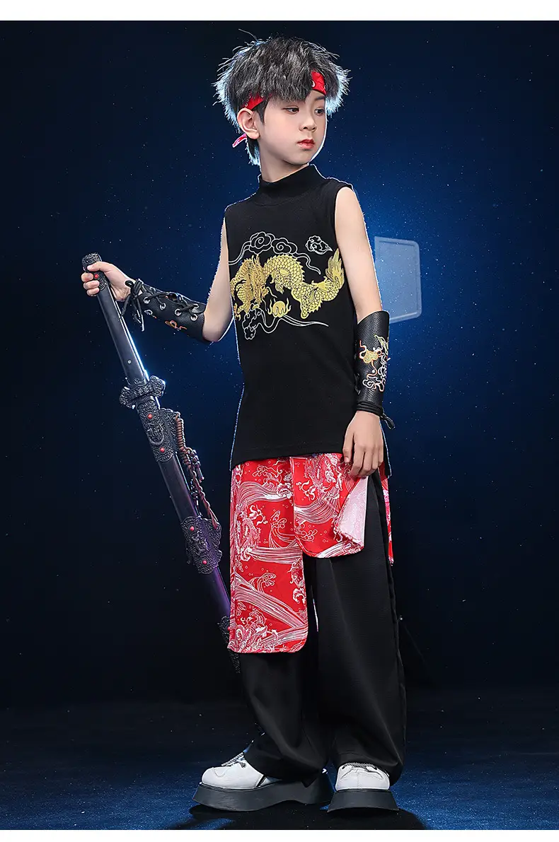 Chinese Style Black Vest Hip-Hop Kids Performance Outfit — feature 8