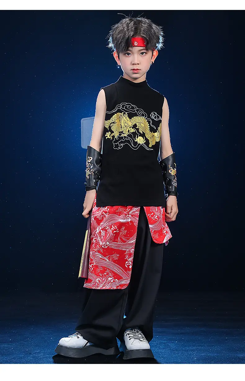 Chinese Style Black Vest Hip-Hop Kids Performance Outfit — feature 9
