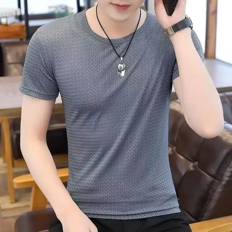 Men's Gray Mesh Short Sleeve T-Shirt Plus Size - Image 3