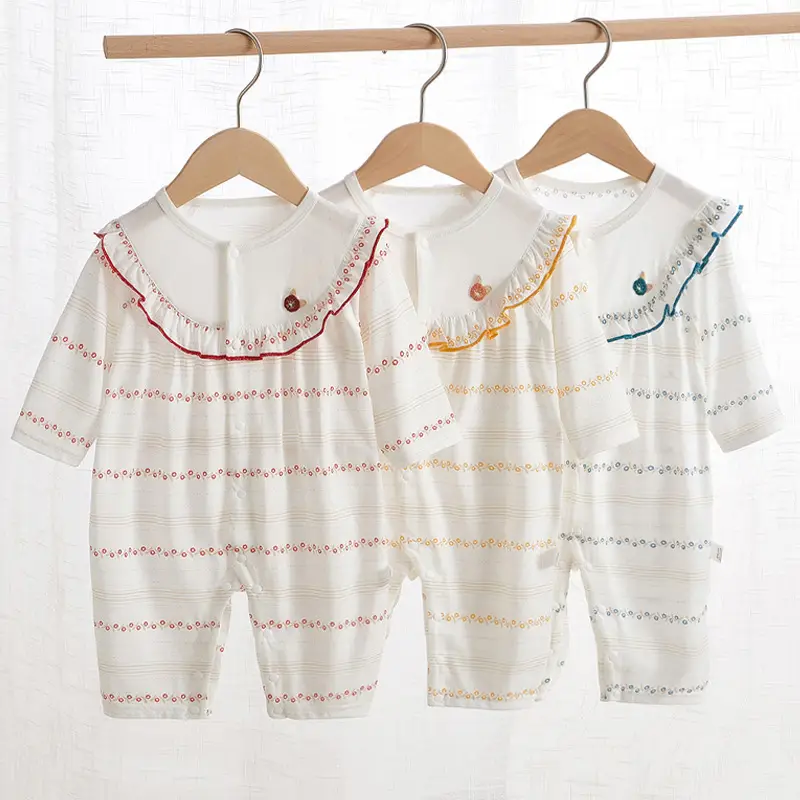 Baby Pajamas Pure Cotton Summer Set White Striped - Image 5