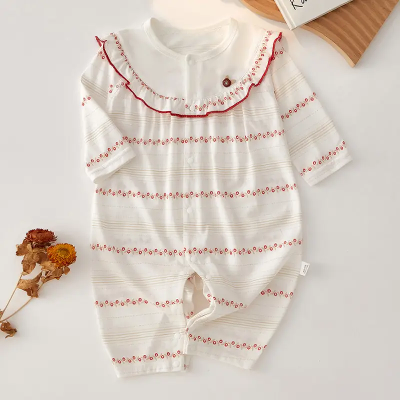 Baby Pajamas Pure Cotton Summer Set White Striped - Image 2