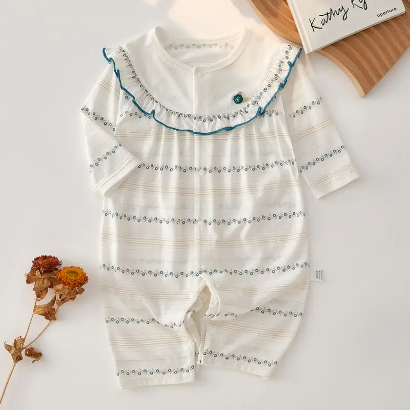 Baby Pajamas Pure Cotton Summer Set White Striped - Image 3