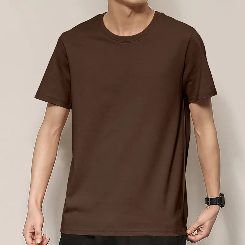 Men's Thin Pure Cotton Summer T-Shirt Brown Round Neck - Image 14