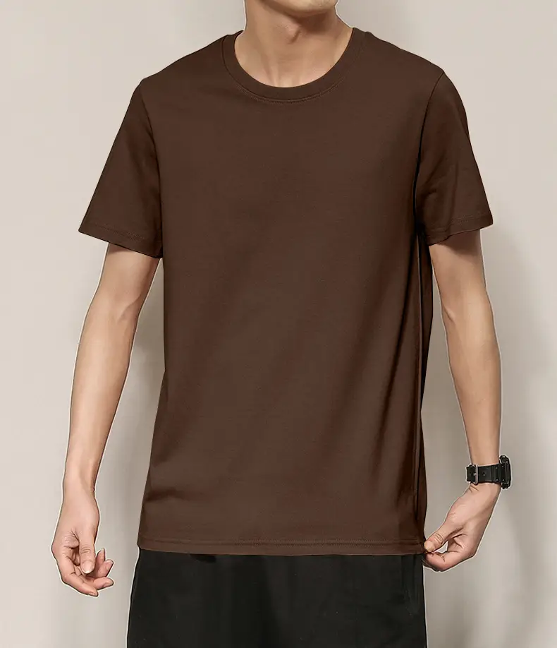 Men's Thin Pure Cotton Summer T-Shirt Brown Round Neck - Image 9