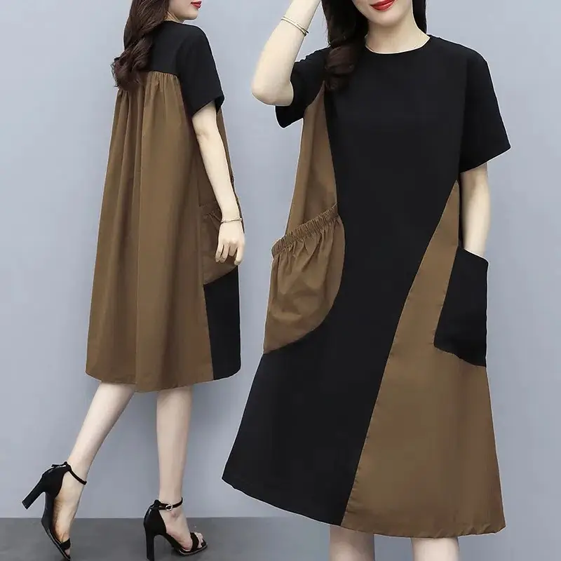 Women Contrast Color Stitching Dress 2023 Summer Large - Image 3