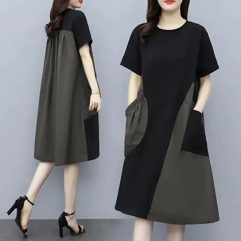 Women Contrast Color Stitching Dress 2023 Summer Large - Image 6