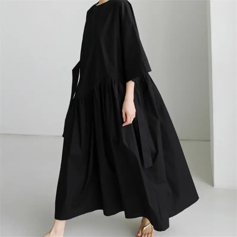 Black Loose Fit Long Dress with Tie Front