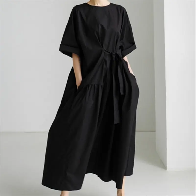 Black Loose Fit Long Dress with Tie Front