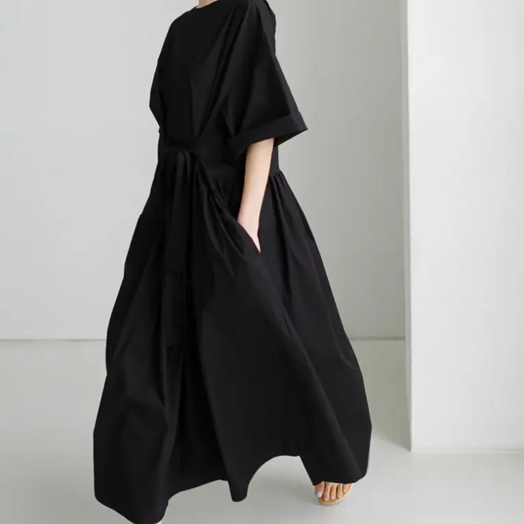 Black Loose Fit Long Dress with Tie Front
