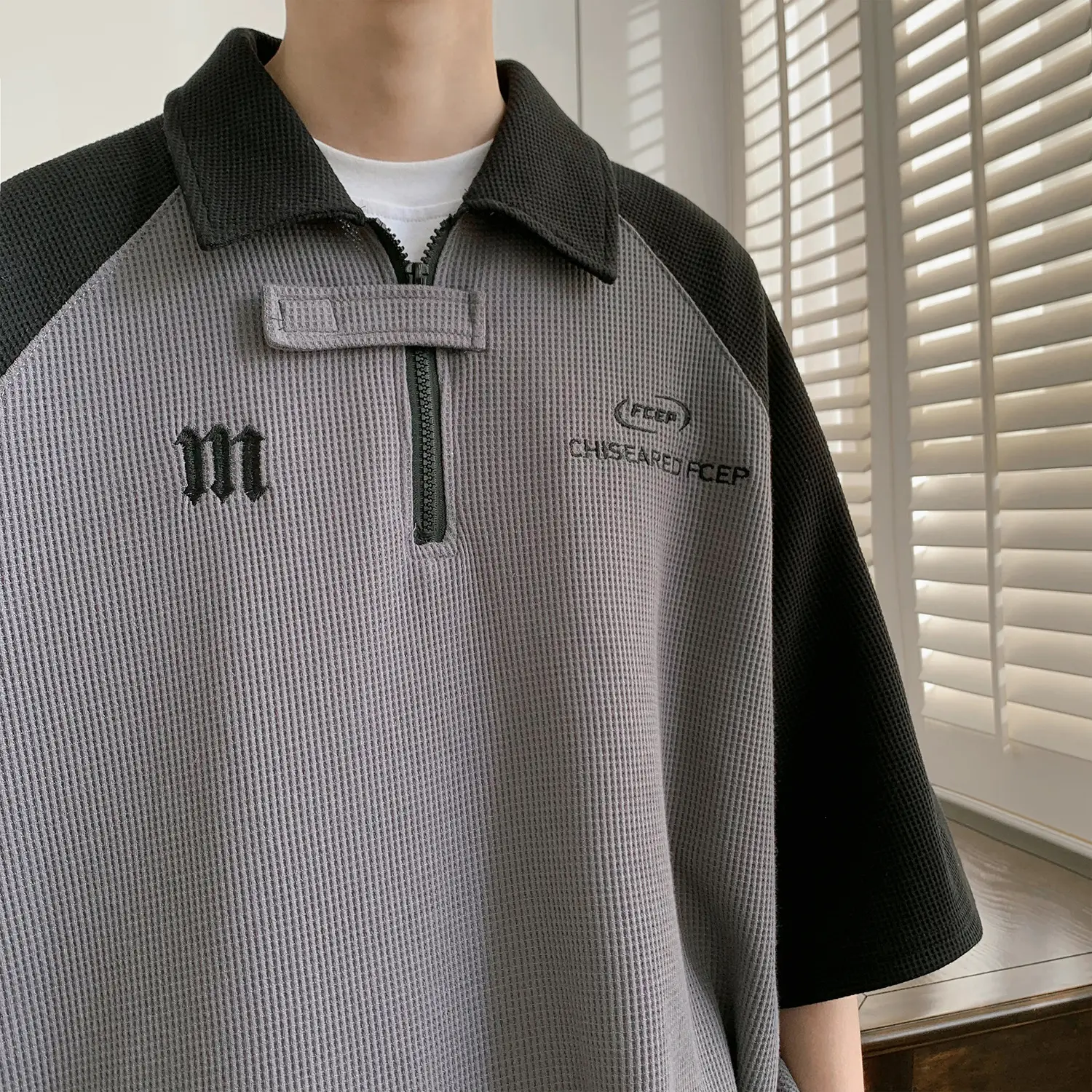Men's Grey Black Waffle Polo Shirt Loose Summer - Image 4