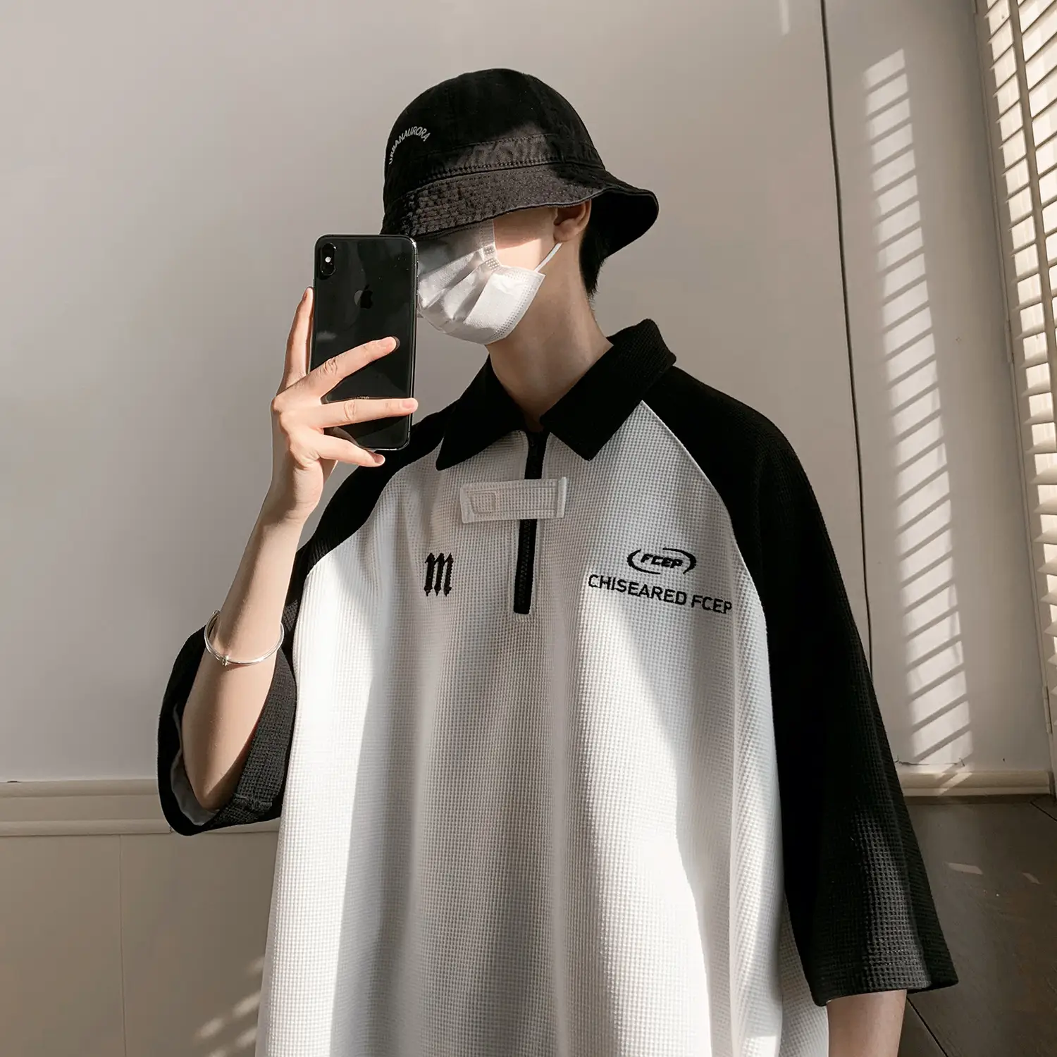 Men's Grey Black Waffle Polo Shirt Loose Summer - Image 2