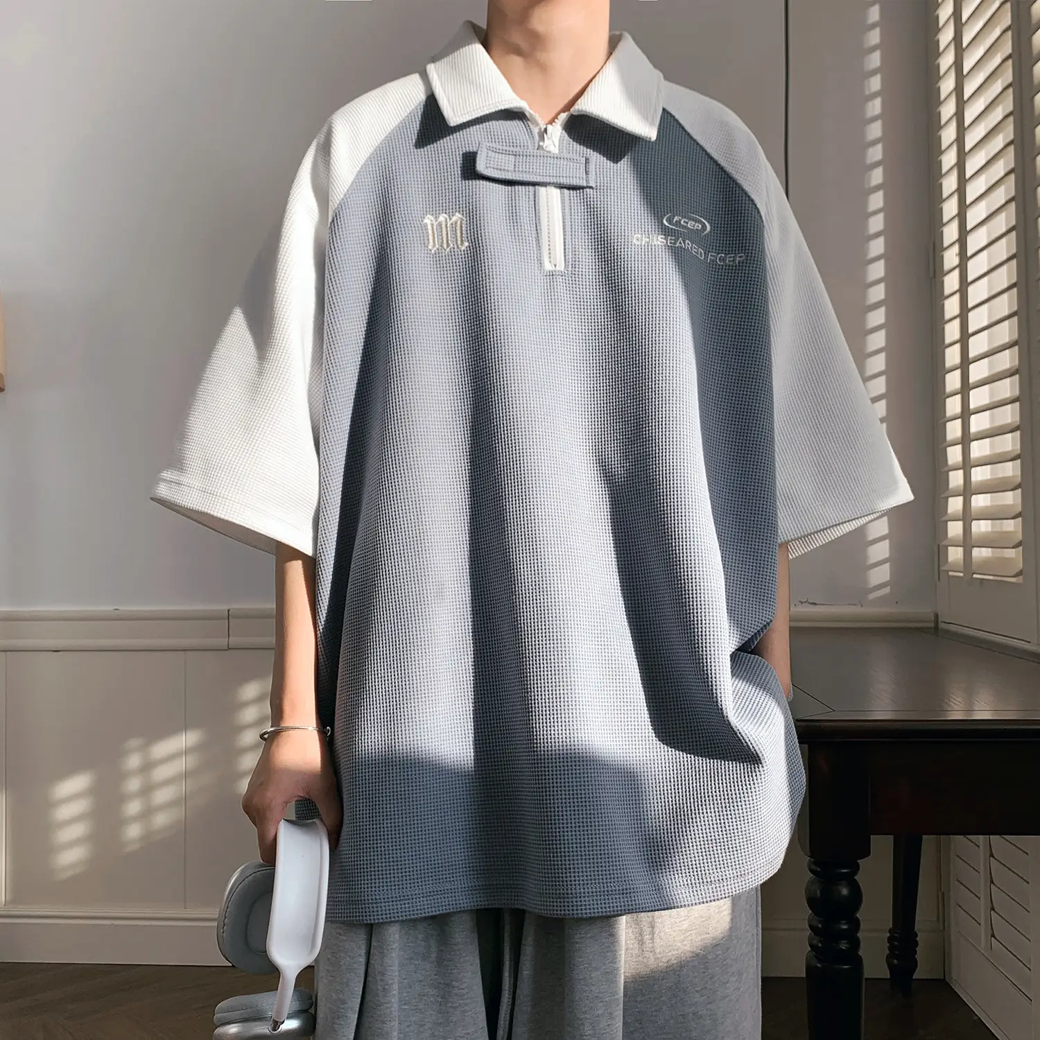 Men's Grey Black Waffle Polo Shirt Loose Summer - Image 3