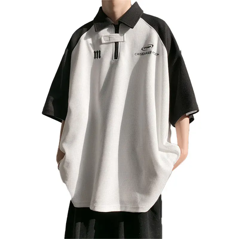 Men's Grey Black Waffle Polo Shirt Loose Summer - Image 5