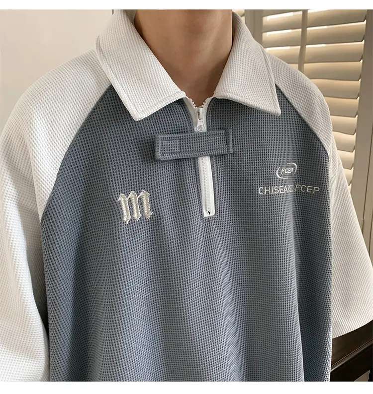 Men's Grey Black Waffle Polo Shirt Loose Summer — feature 10