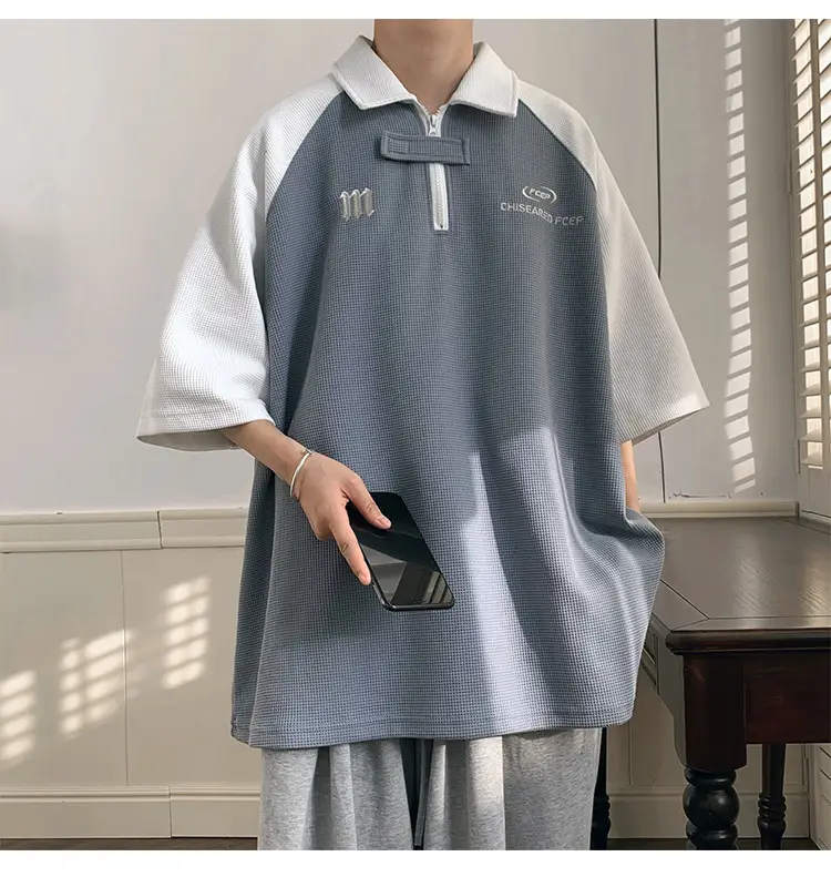 Men's Grey Black Waffle Polo Shirt Loose Summer — feature 11