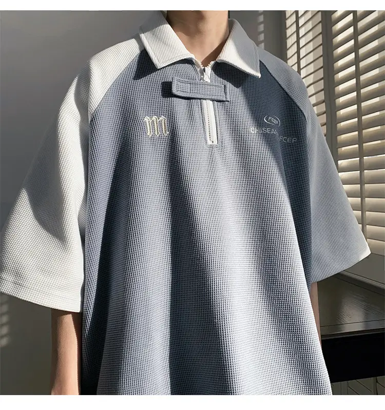 Men's Grey Black Waffle Polo Shirt Loose Summer — feature 12