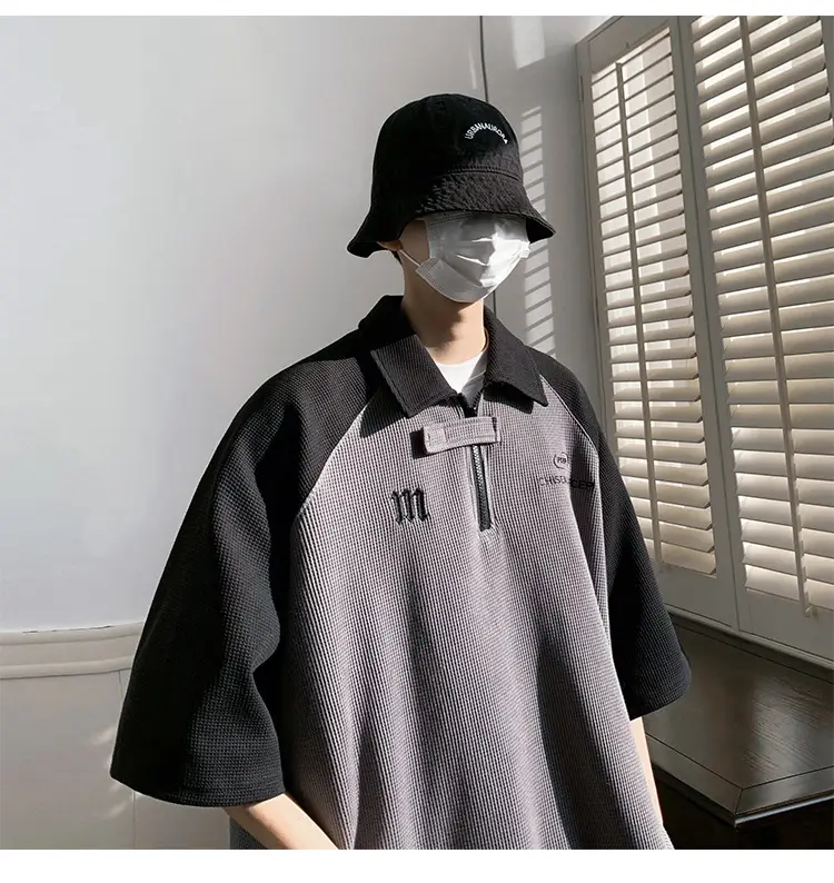 Men's Grey Black Waffle Polo Shirt Loose Summer — feature 13