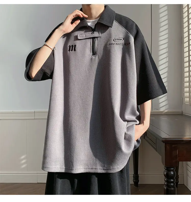Men's Grey Black Waffle Polo Shirt Loose Summer — feature 16