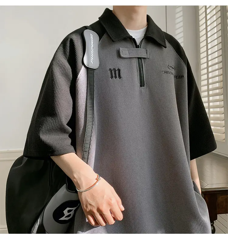 Men's Grey Black Waffle Polo Shirt Loose Summer — feature 17