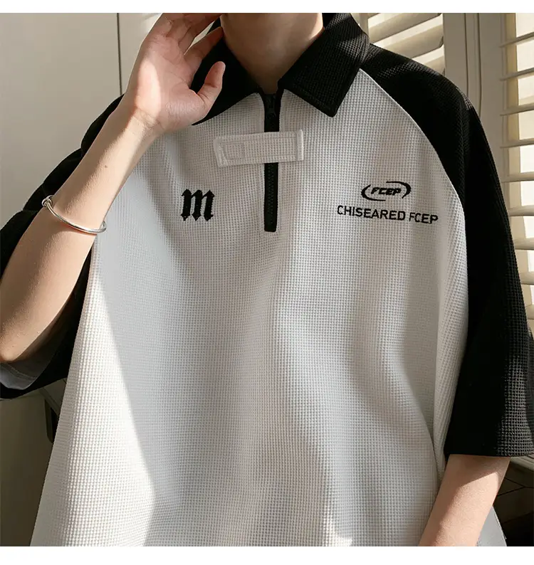 Men's Grey Black Waffle Polo Shirt Loose Summer — feature 4