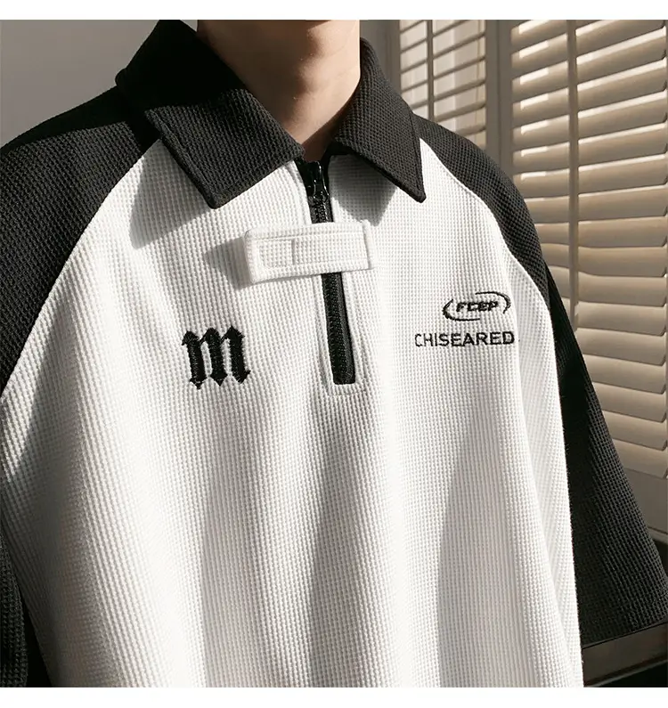 Men's Grey Black Waffle Polo Shirt Loose Summer — feature 7