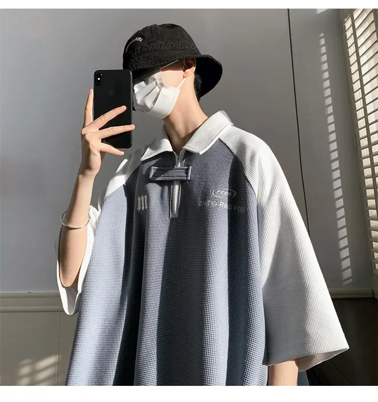 Men's Grey Black Waffle Polo Shirt Loose Summer — feature 8