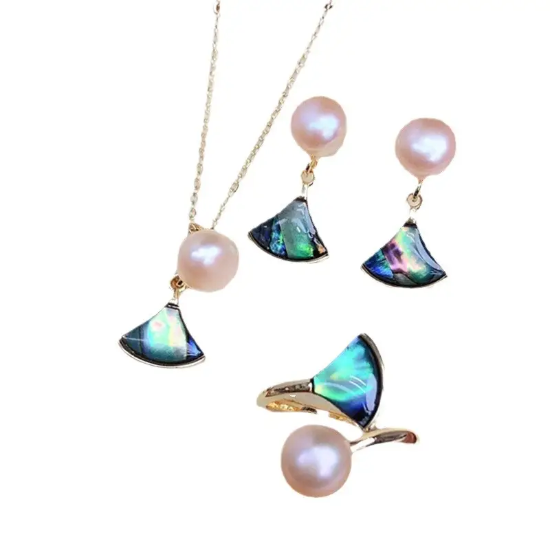 Freshwater Pearl Necklace Set Women's Fashion Women's Exquisite Small Skirt Earrings Ring Pendant Three-piece Set - Image 7