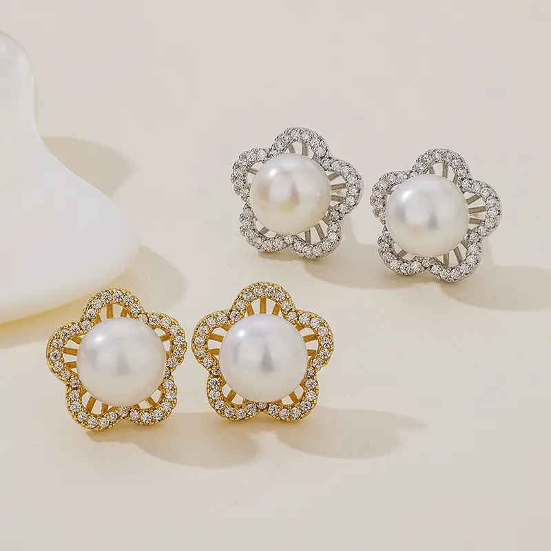 Women's Plum Blossom Pearl Earrings with Zircon Accents - Image 2