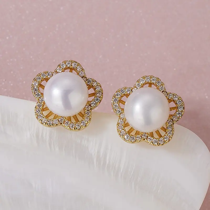 Women's Plum Blossom Pearl Earrings with Zircon Accents - Image 3