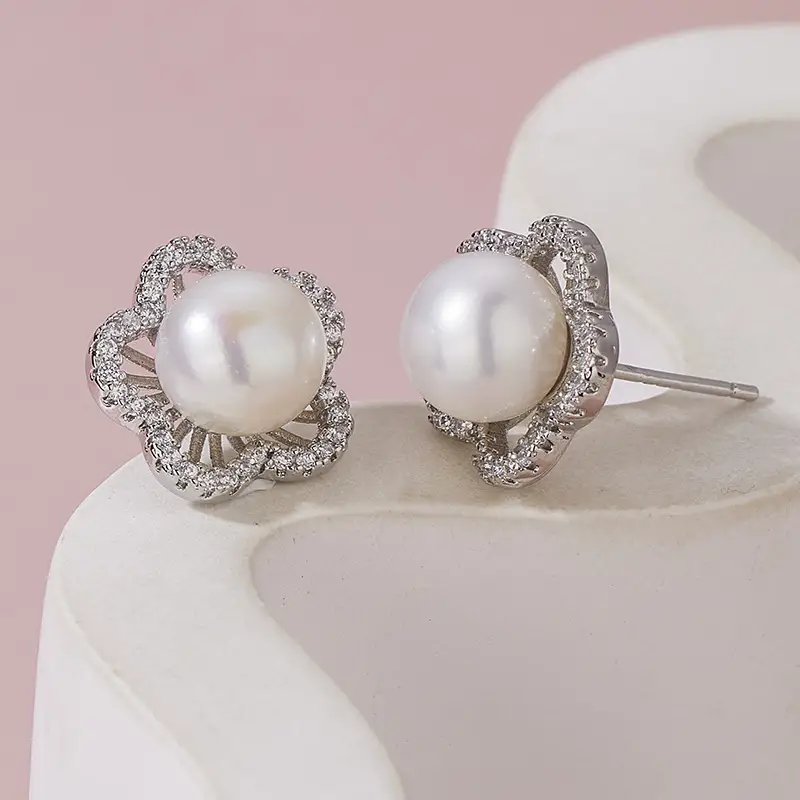 Women's Plum Blossom Pearl Earrings with Zircon Accents - Image 4