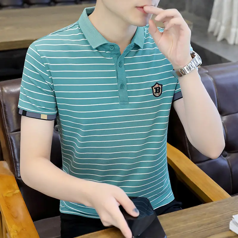 Men Striped Cotton T-Shirt Black White Short Sleeve - Image 12