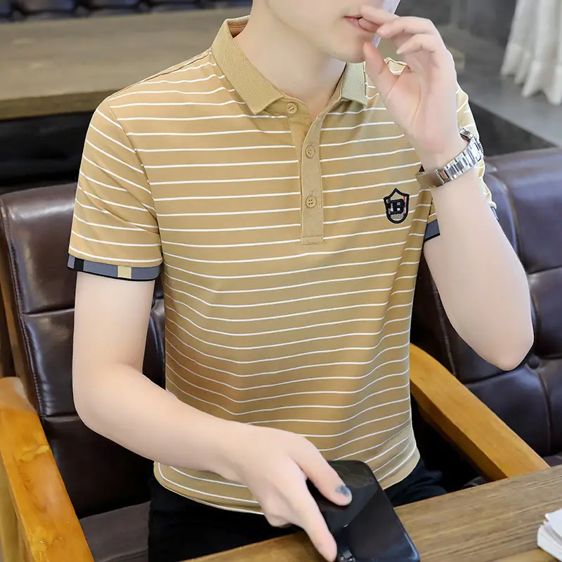 Men Striped Cotton T-Shirt Black White Short Sleeve - Image 14