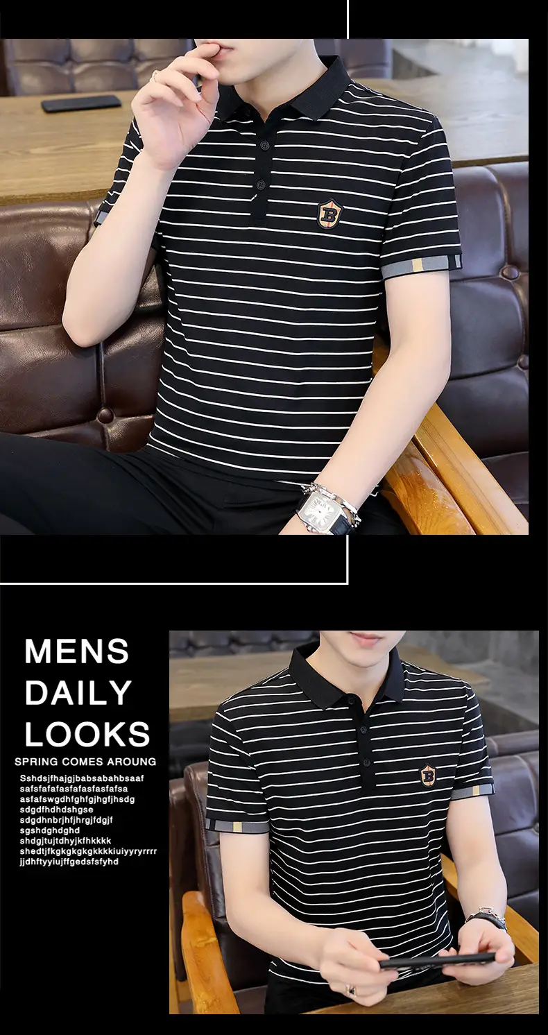 Men Striped Cotton T-Shirt Black White Short Sleeve — feature 1