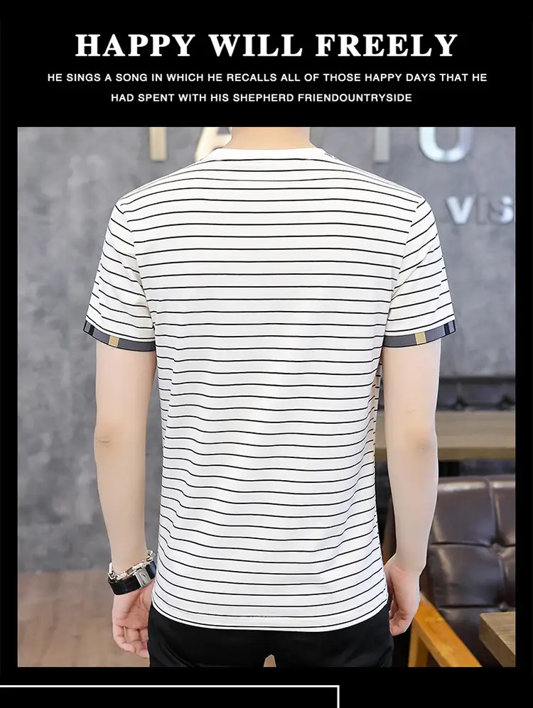 Men Striped Cotton T-Shirt Black White Short Sleeve — feature 10