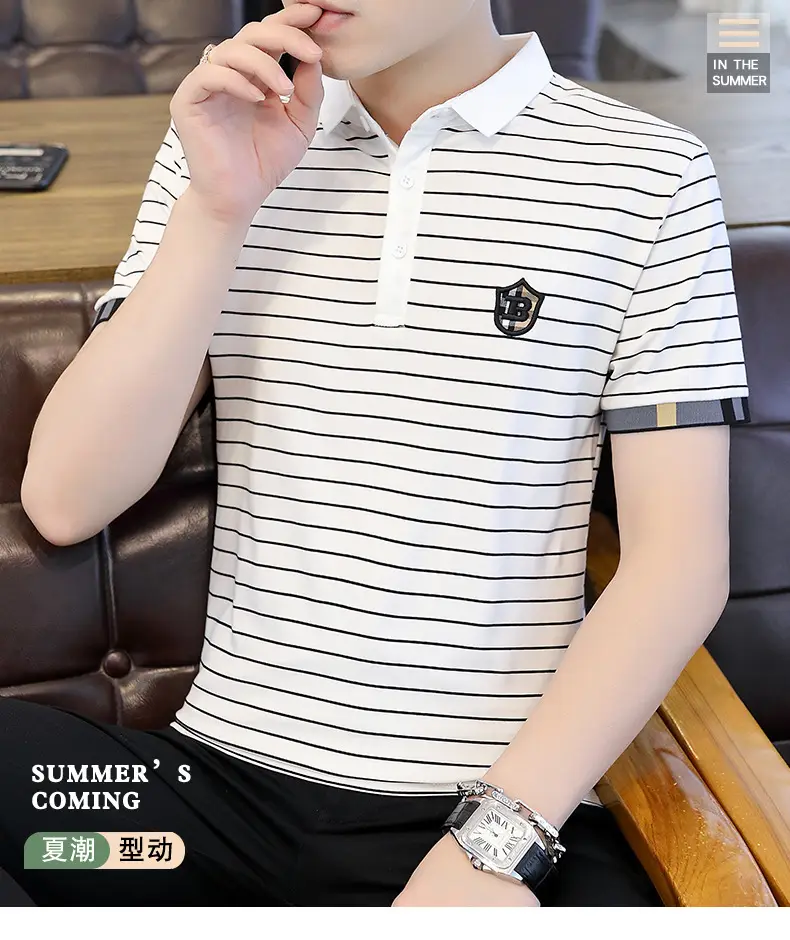 Men Striped Cotton T-Shirt Black White Short Sleeve — feature 11